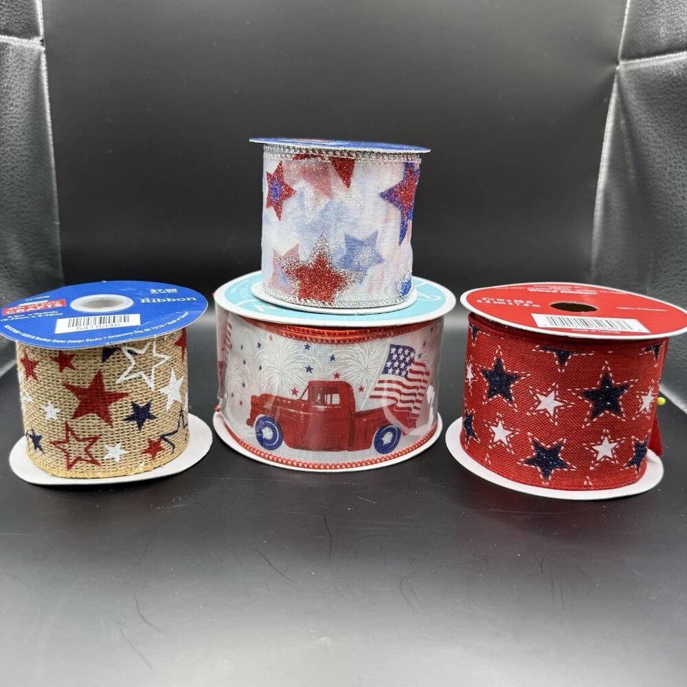 Wired Ribbon Lot 2.5" Red White Blue Stars 4th July USA Patriotic Lot Truck Flag